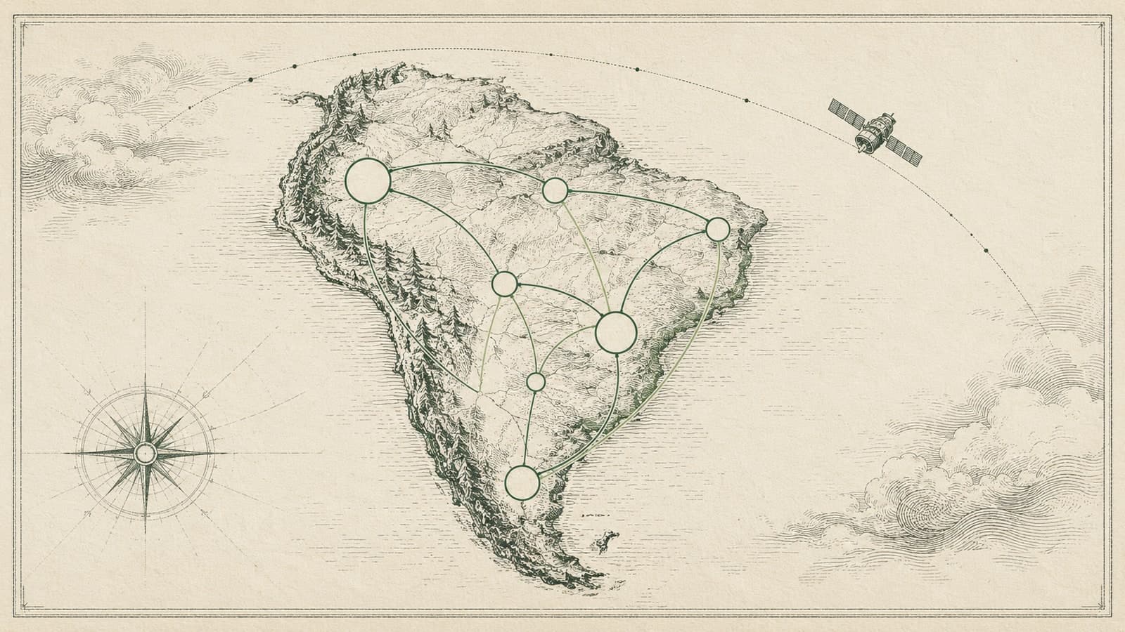 Ilustración a plumilla de Suramérica con nodos conectados y una órbita satelital: la red de catálogos de datos abiertos de la región